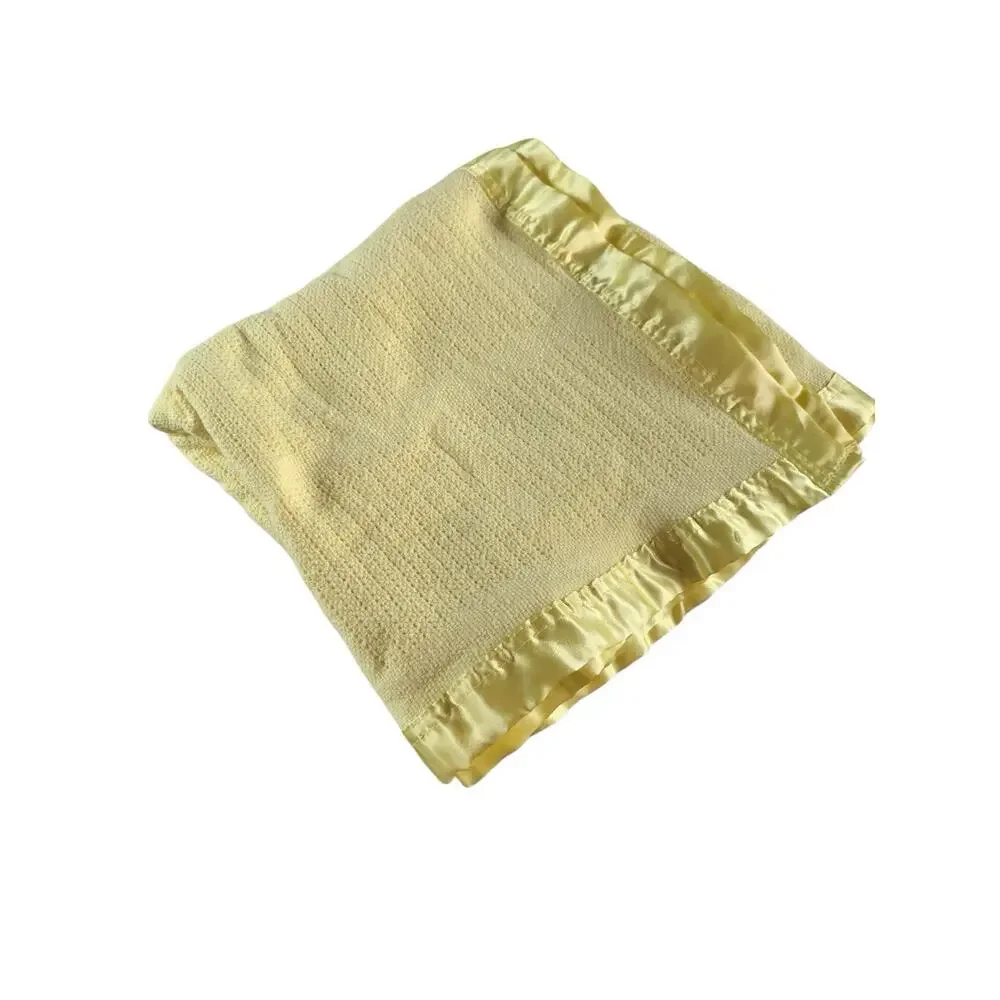 Vintage Yellow Thermal Waffle Weave‎ Satin Nylon Trim Baby Blanket 38x45